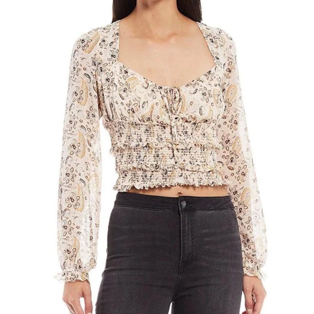 Free People Lolita floral pale pastel XS smocked boho peasant lined blouse